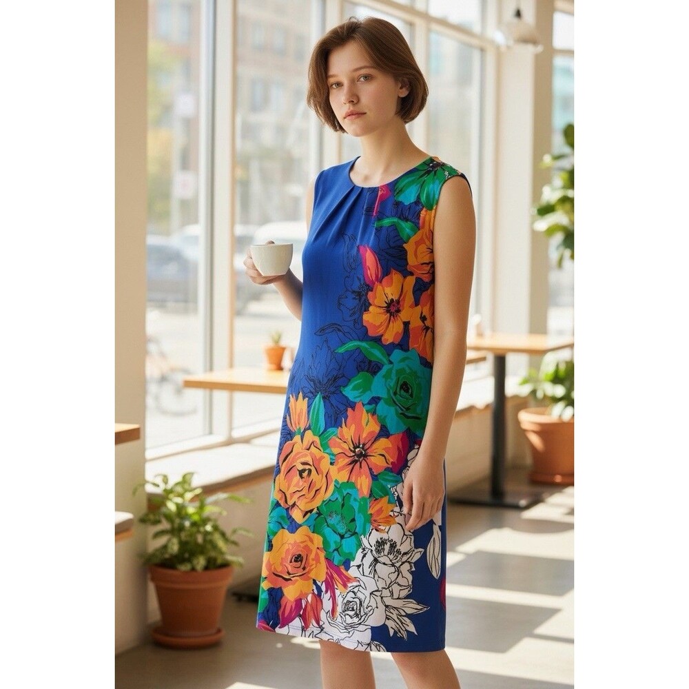 Lennie for Nina Leonard Women’s L Blue Multicolor Floral Sleeveless Shift Dress